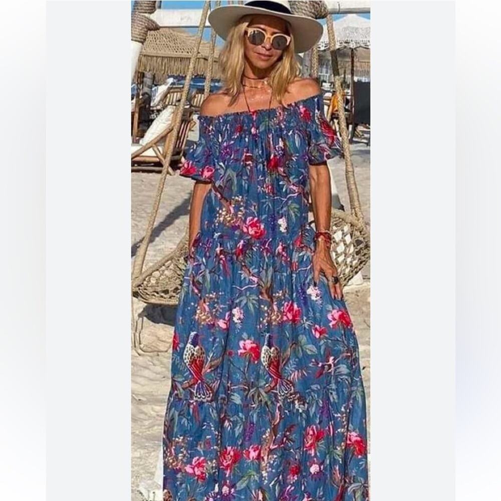 Guadalupe Design Smocked Maxi Dress Small Blue Floral Bird Print Off Shoulder